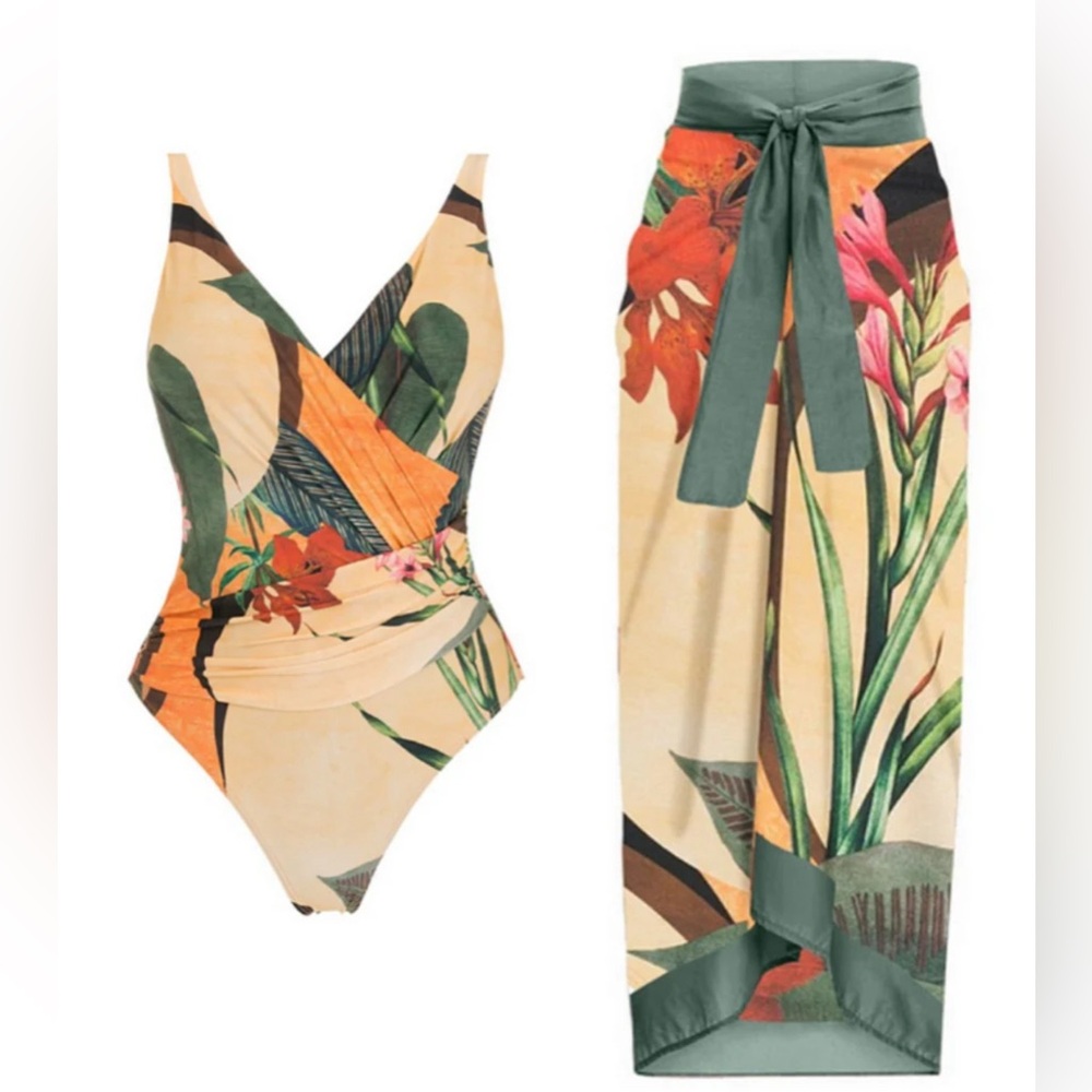 Floral One-Piece Swimsuit and Sarong Set